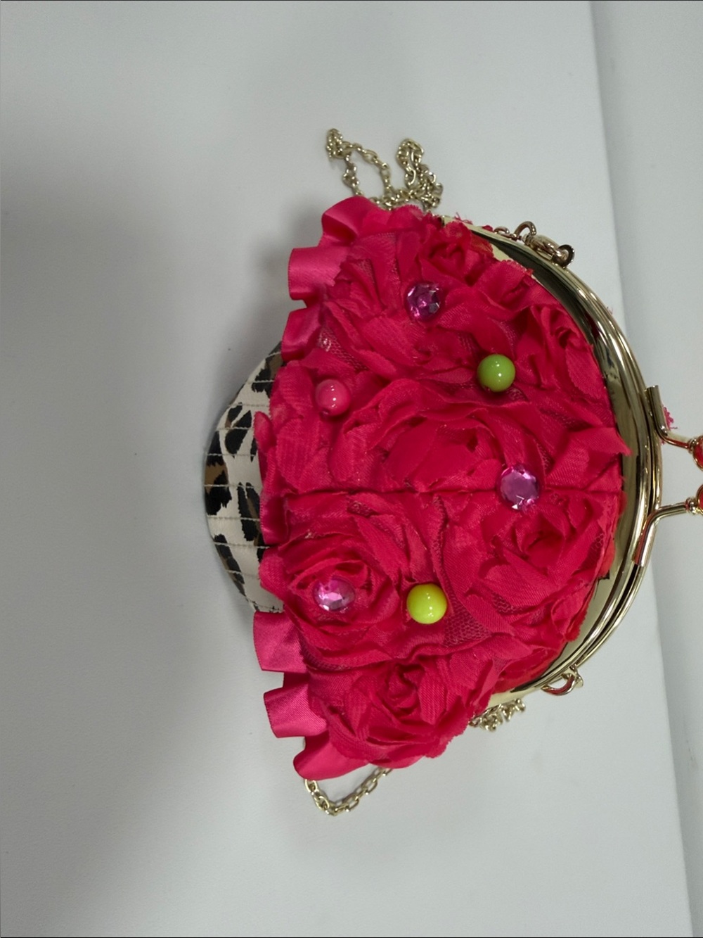 Betsey Johnson Bright Pink Floral Rosette Clutch with Gold Frame